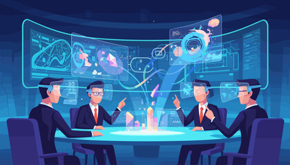 Modern innovative business technology concept: Four businessmen in VR headsets collaborating around a futuristic holographic table, interacting with glowing data visualizations and charts in a