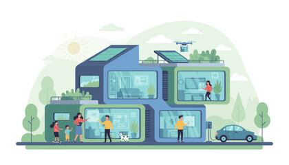 Vibrant vector illustration showcasing a futuristic smart home powered by solar panels, featuring a family interacting with technology, a drone delivering a package, and an electric car charging
