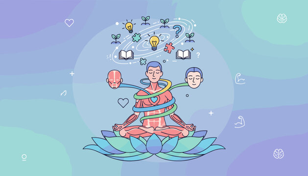 Vivid vector illustration depicting the concept of meditation and holistic health, showing a person in lotus pose surrounded by symbols of growth, ideas, and the human body's interconnectedness