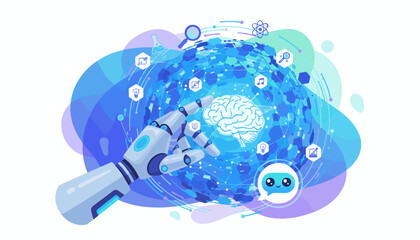 Futuristic AI concept: A robotic hand interacts with a glowing digital sphere representing big data, with a stylized brain and various icons symbolizing knowledge, science, and technology, conveying
