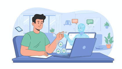 Modern flat illustration of a person interacting with an AI assistant hologram on a laptop screen, symbolizing technology integration in daily life, remote work, and digital communication, with icons