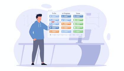Agile software development and project management concept, a man in a blue hoodie stands near a transparent board with tasks in 'To Do', 'In Progress', and 'Done' columns, illustrating workflow and