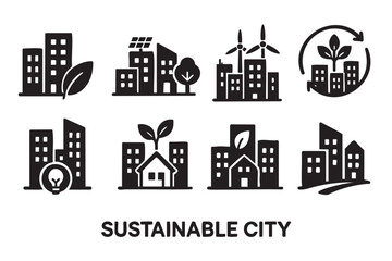 Black outline icons of sustainable city elements, including buildings with solar panels, wind turbines, trees, and eco-friendly symbols.