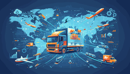 Global Logistics and Transportation Network: A vibrant abstract illustration depicting a truck with a shopping cart full of packages, symbolizing e-commerce and delivery, set against a backdrop of a