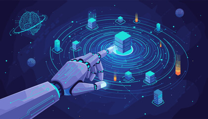 Futuristic AI robot hand interacting with a glowing digital network, symbolizing machine learning, data processing, and advanced technology in a vibrant blue and purple abstract background with