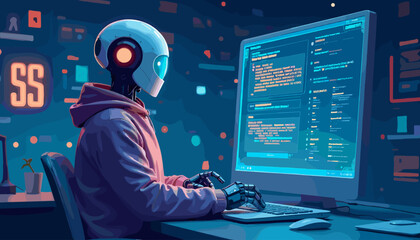 Futuristic robot programmer wearing a pink hoodie, intently typing on a keyboard in a dimly lit room filled with glowing digital interfaces and code on a large monitor, representing artificial