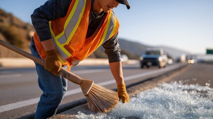 A roadside worker, their vest crumpled, collects debris with a shovel, its blade dented. A pile of glass, its shards jagged, rests on the asphalt, its surface slick. A broom, its bristles worn,