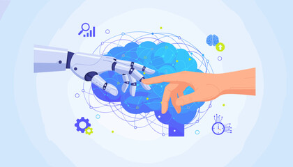 The iconic 'creation of Adam' scene reimagined with a robotic hand reaching out to touch a human finger, symbolizing the convergence of artificial intelligence and humanity, set against a backdrop of