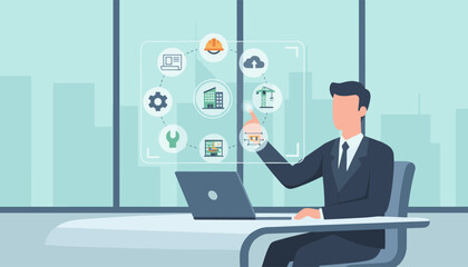 Businessman interacting with a futuristic holographic interface displaying building information modeling (BIM) icons, including construction crane, blueprint, gear, wrench, hard hat, and cloud