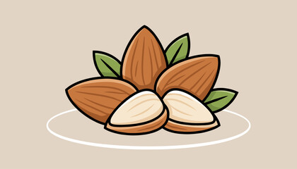 Vibrant modern flat vector illustration of a pile of almonds, some whole and some cracked open, with green leaves, set against a neutral beige background, perfect for healthy eating and food-related