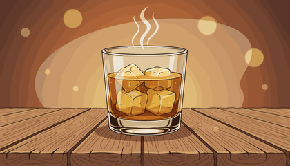 Aromatic amber-colored whiskey or bourbon served in a clear crystal glass with ice cubes, emitting steam, resting on a rustic wooden table with a warm, softly lit background, perfect for bar or