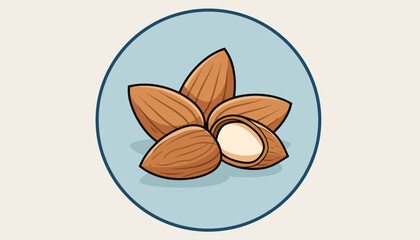 A modern, flat vector illustration of a cluster of almonds, with one almond cracked open to reveal its creamy white kernel, set against a soft blue circular background with a subtle beige border