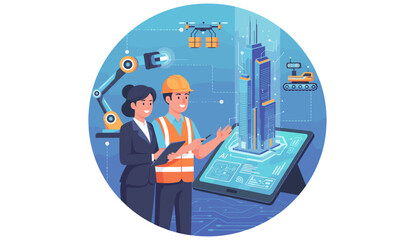 Innovative construction project management featuring a male engineer in a hard hat and safety vest and a female architect reviewing a holographic 3D building model on a tablet, with drones, robots