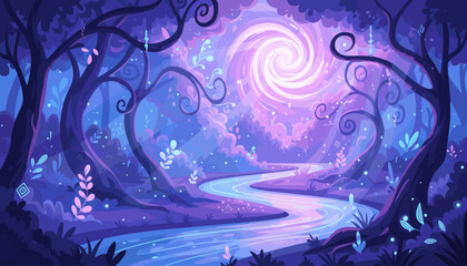 Enchanting ultraviolet forest scene with a winding river reflecting swirling sunlight, magical glowing flora, and mystical trees, creating a dreamlike and ethereal atmosphere perfect for fantasy or