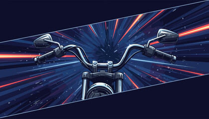 Dynamic first-person perspective of a motorcycle handlebar with a blurred, streaking background of red and blue light trails, conveying speed and motion, perfect for themes of adventure and travel.