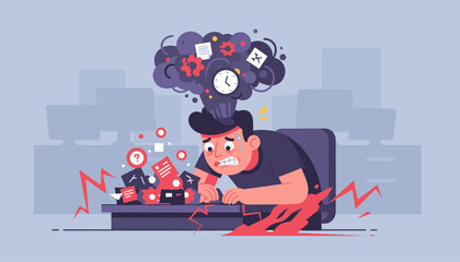 Overwhelmed businessman experiencing extreme stress and burnout at his desk, with a chaotic explosion of work-related icons and a ticking clock emanating from his head, symbolizing mental overload
