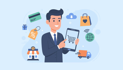 Vivid illustration of a businessman using a smartphone for e-commerce, surrounded by icons representing online shopping, discounts, credit cards, delivery, and global connectivity, symbolizing modern