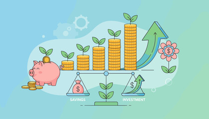 Vibrant illustration depicting financial growth and investment strategies, featuring a piggy bank, stacks of coins with growing plants, and a rising arrow symbolizing success in business and savings.