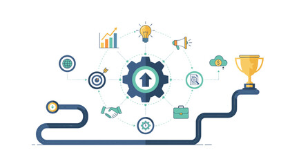 Abstract business development strategy and action plan concept with gear, upward arrow, lightbulb, graph, target, handshake, briefcase, document, cloud with dollar sign, and trophy on a winding road