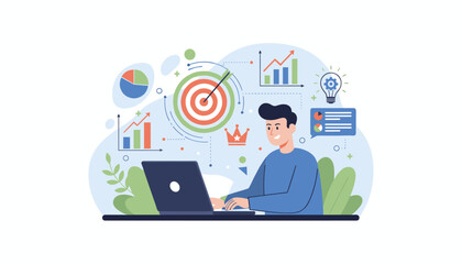 Modern flat illustration of a man working on a laptop, surrounded by business strategy elements like charts, graphs, a target, a lightbulb for ideas, and a crown symbolizing success, representing