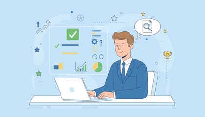 Modern flat illustration of a businessman working on a laptop, analyzing data and completing a checklist on a digital dashboard, symbolizing business success, performance tracking, and strategic