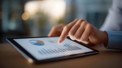Hands adjusting a digital pie chart and bar graph on a tablet, showing income, spending, and savings projections, highlighting budget planning, data visualization, financial clarity, and informed