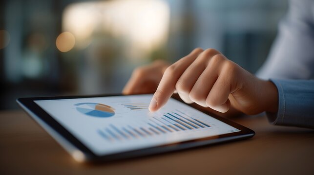 Hands adjusting a digital pie chart and bar graph on a tablet, showing income, spending, and savings projections, highlighting budget planning, data visualization, financial clarity, and informed