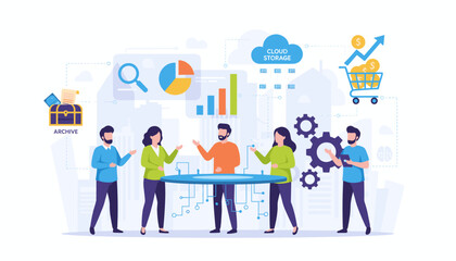 Diverse team collaborating around a futuristic table, discussing business growth, data analytics, cloud storage, and sales strategies, symbolizing teamwork, innovation, and digital transformation in
