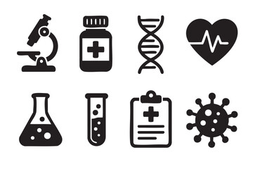 Black outline icons of scientific and medical equipment, including microscope, medicine bottle, dna helix, heartbeat, flask, test tube, medical clipboard, and virus.