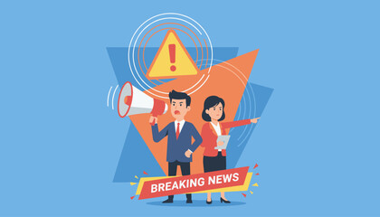 Dynamic illustration of a man with a megaphone and a woman pointing, conveying an important announcement, attention, or warning, with a prominent exclamation mark in a triangle and "BREAKING NEWS"