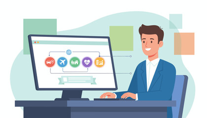 Insurance concept illustration: a smiling businessman in a blue suit sits at a desk, interacting with a computer displaying icons for car, travel, family, health, and finance, representing diverse