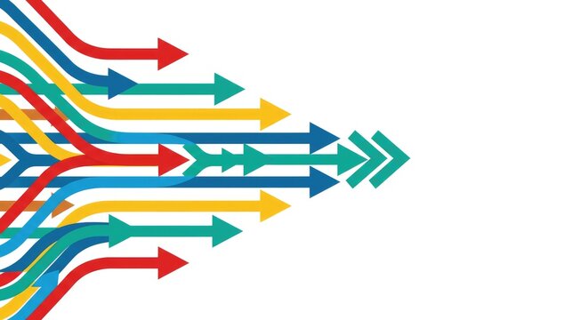 Colorful arrows converge and lead rightward on a white backdrop, symbolizing progress, direction, and unity with various paths - Powered by Adobe