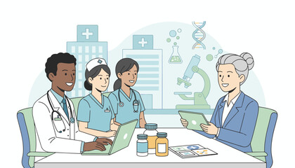 Diverse group of healthcare professionals, including doctors and nurses, collaborating in a modern medical setting, discussing patient care and research with a microscope and DNA helix in the