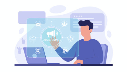 Modern flat illustration of a person interacting with a digital interface displaying an advertising campaign concept, featuring icons for customer journey, sales growth, social media engagement, and
