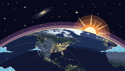 Global Connection: A Stunning Nighttime View of North America's City Lights from Space, Illuminated by a Radiant Sunrise and Surrounded by Stars and a Distant Galaxy, Symbolizing Technology and