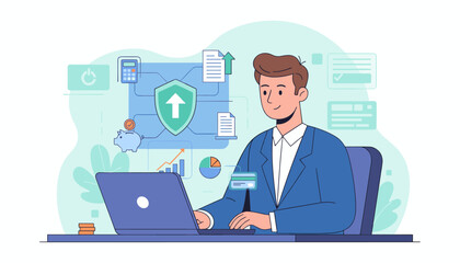 Modern flat illustration of a man working on a laptop, symbolizing online tax payment and calculation. The scene includes a piggy bank, calculator, financial charts, credit card, and a shield icon