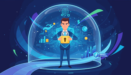 Abstract business concept of cyber security and data protection, a businessman in a suit holding a large golden padlock in front of a digital shield, surrounded by a protective bubble with financial