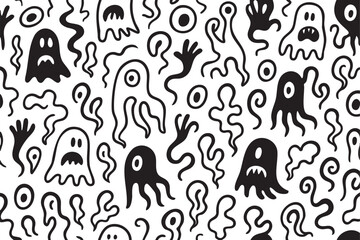 Monochrome pattern featuring various quirky ghost and monster doodles with expressive faces and tentacles.