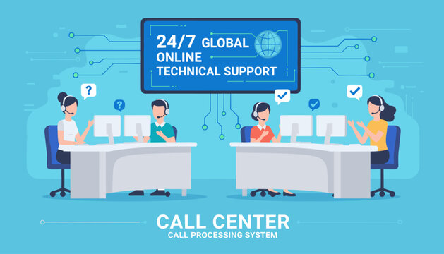 Vibrant illustration of a modern call center with operators providing 24/7 global online technical support, featuring a large screen displaying the world and connectivity lines, and agents with