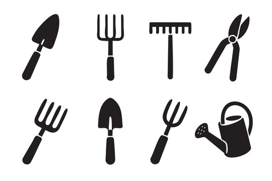 Black silhouette icons of various gardening tools, including trowels, forks, shears, rake, and a watering can, arranged in two rows.