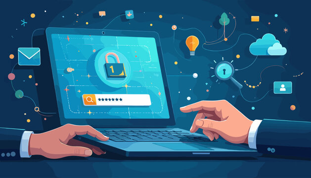 Digital cyber security concept with a laptop displaying a password login screen and a padlock icon, symbolizing online protection and data privacy in a connected network environment with abstract - Powered by Adobe