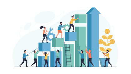 Illustrating the concept of business growth and team success through collaborative effort, where diverse individuals work together to build a financial graph, symbolizing progress and achievement in