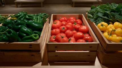Museum conservation lab with Spanish conservator preserving images of wooden crates filled with peppers and tomatoes, archival organic produce, museum vegetable display, eco-preservation market