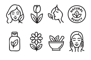 Set of black outline icons depicting natural beauty concepts, including female faces, flowers, a skincare bottle, and a mortar with pestle.