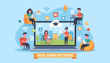 Vibrant and creative illustration depicting the concept of online elearning for everyone, showcasing diverse individuals engaging in digital education through laptops, tablets, and VR headsets