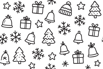 Black outline vector icons of various winter and holiday-themed objects, including bells, trees, snowflakes, stars, gifts, and hats.
