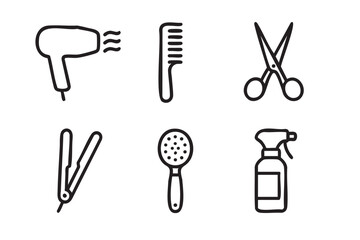 Obraz premium Black outline icons of a hairdryer, comb, scissors, straightener, brush, and spray bottle, representing basic hair styling tools.