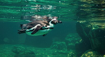 A penguin swims underwater, its black and white feathers contrasting against the turquoise water, rocky seabed visible