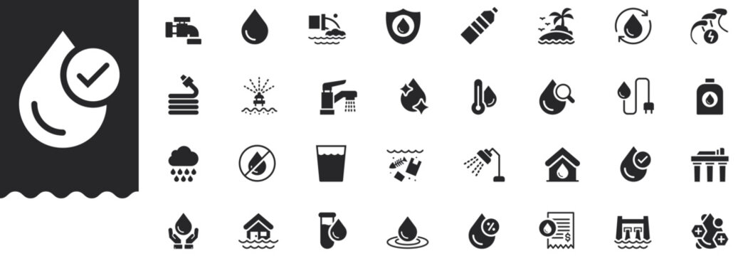 Water solid icon set features droplet, faucet, filtration, conservation, supply, bottle, purification, sewage, pipeline, shower, pressure, eco plumbing, and treatment symbol. Clean vector illustration