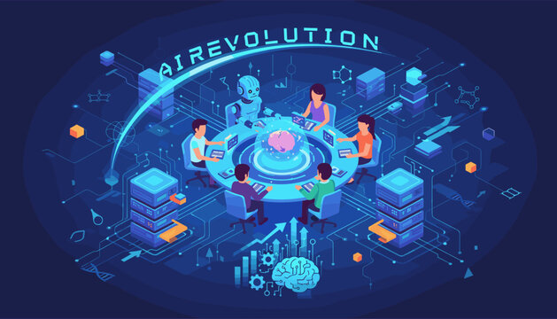 Vivid isometric illustration depicting a collaborative meeting between humans and an AI robot, centered around a glowing brain symbolizing artificial intelligence, set against a backdrop of